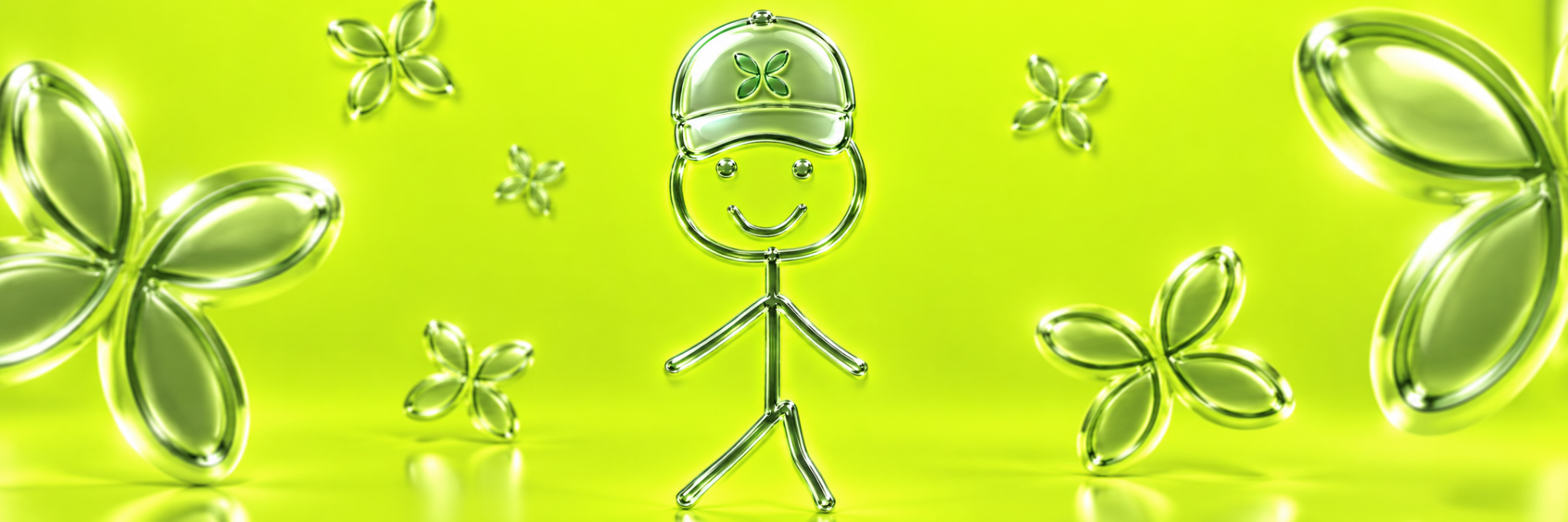 Ponsben standing among chrome flowers on a lime background